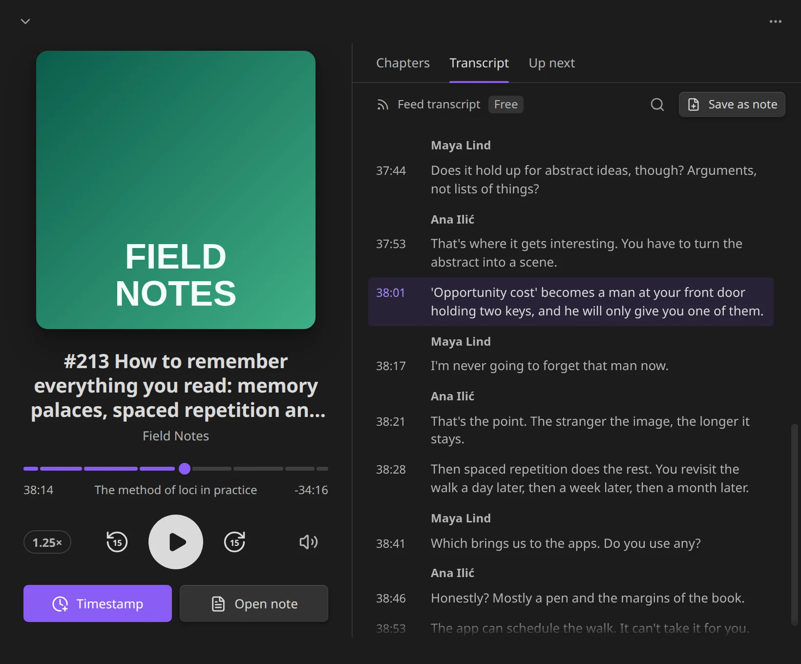 The Transcript panel of the full player, with timed lines, speaker names, and the current line highlighted